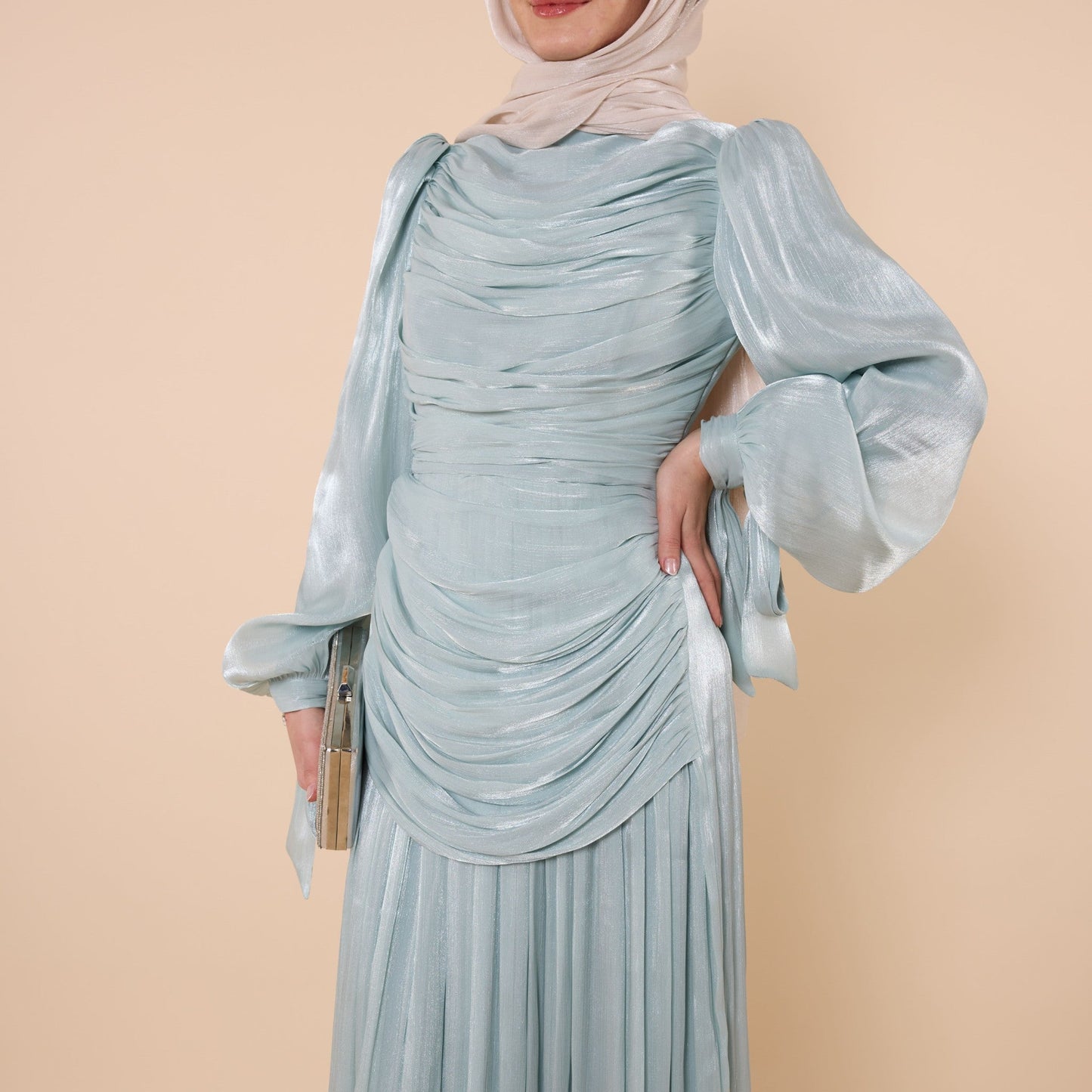 High Neck Pleated Chiffon Long Dress