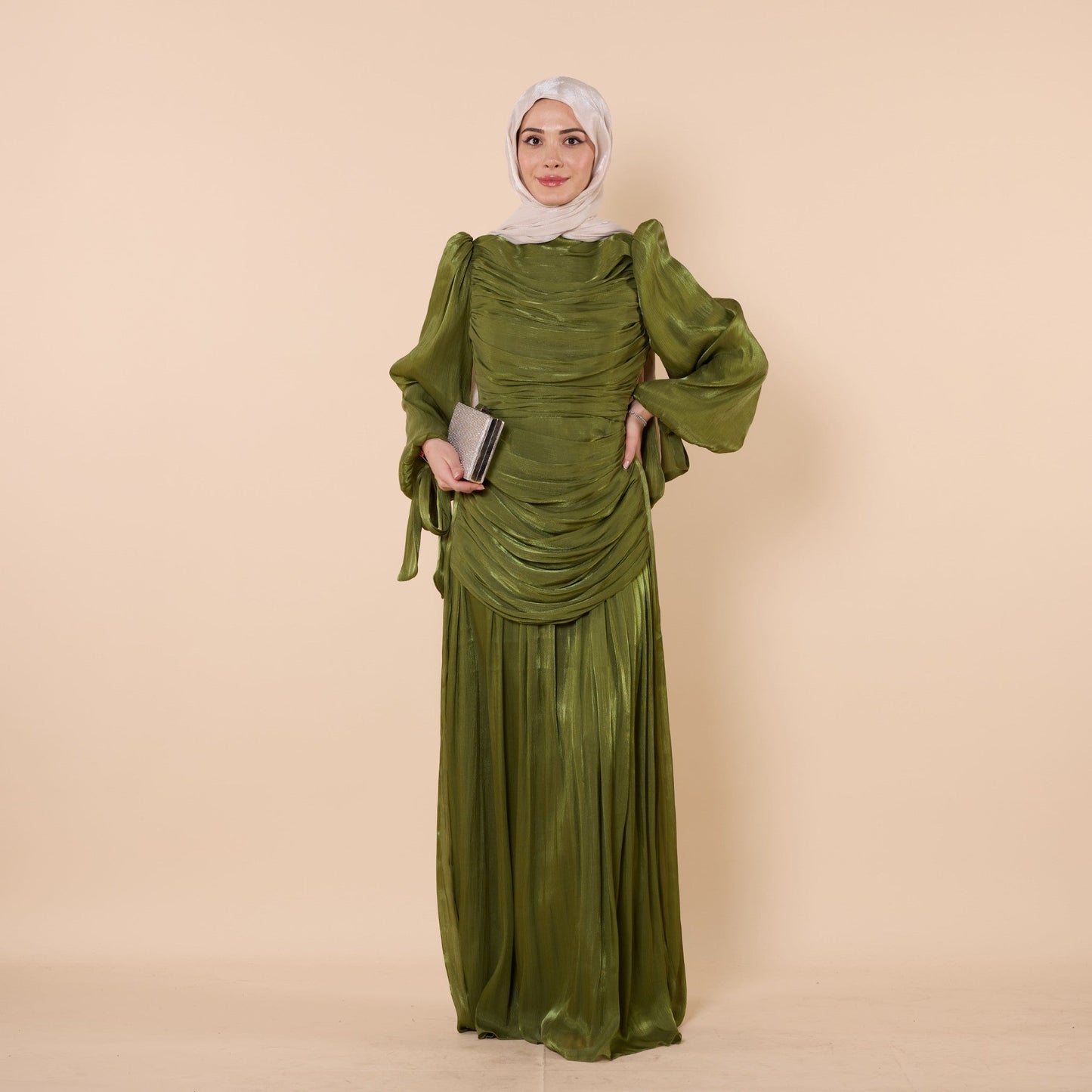 High Neck Pleated Chiffon Long Dress