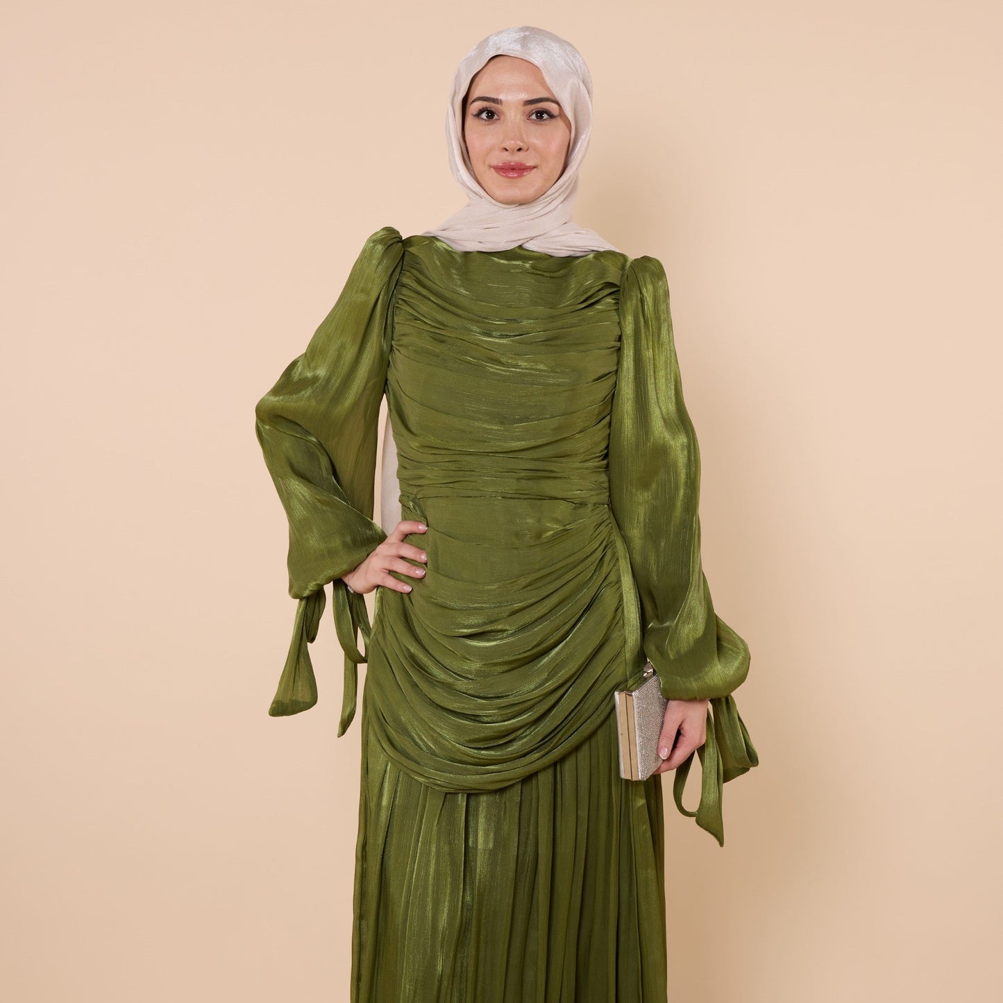 High Neck Pleated Chiffon Long Dress