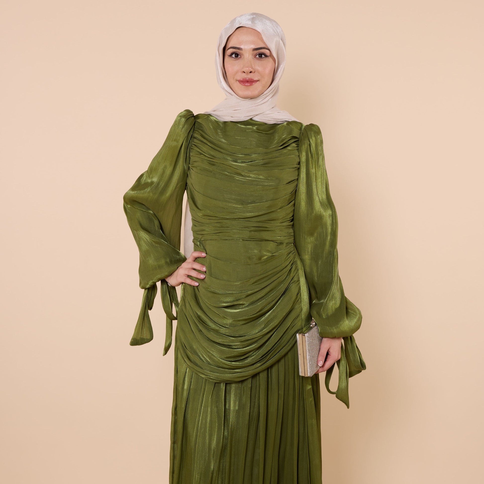 High Neck Pleated Chiffon Long Dress