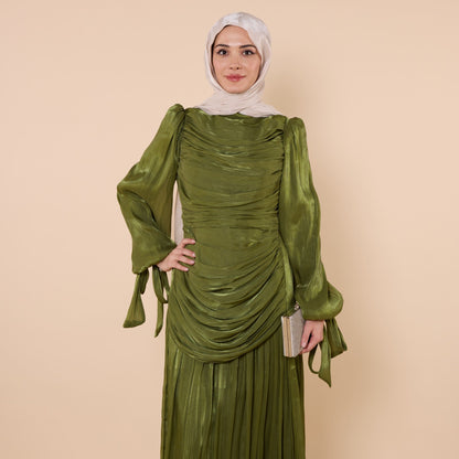 High Neck Pleated Chiffon Long Dress