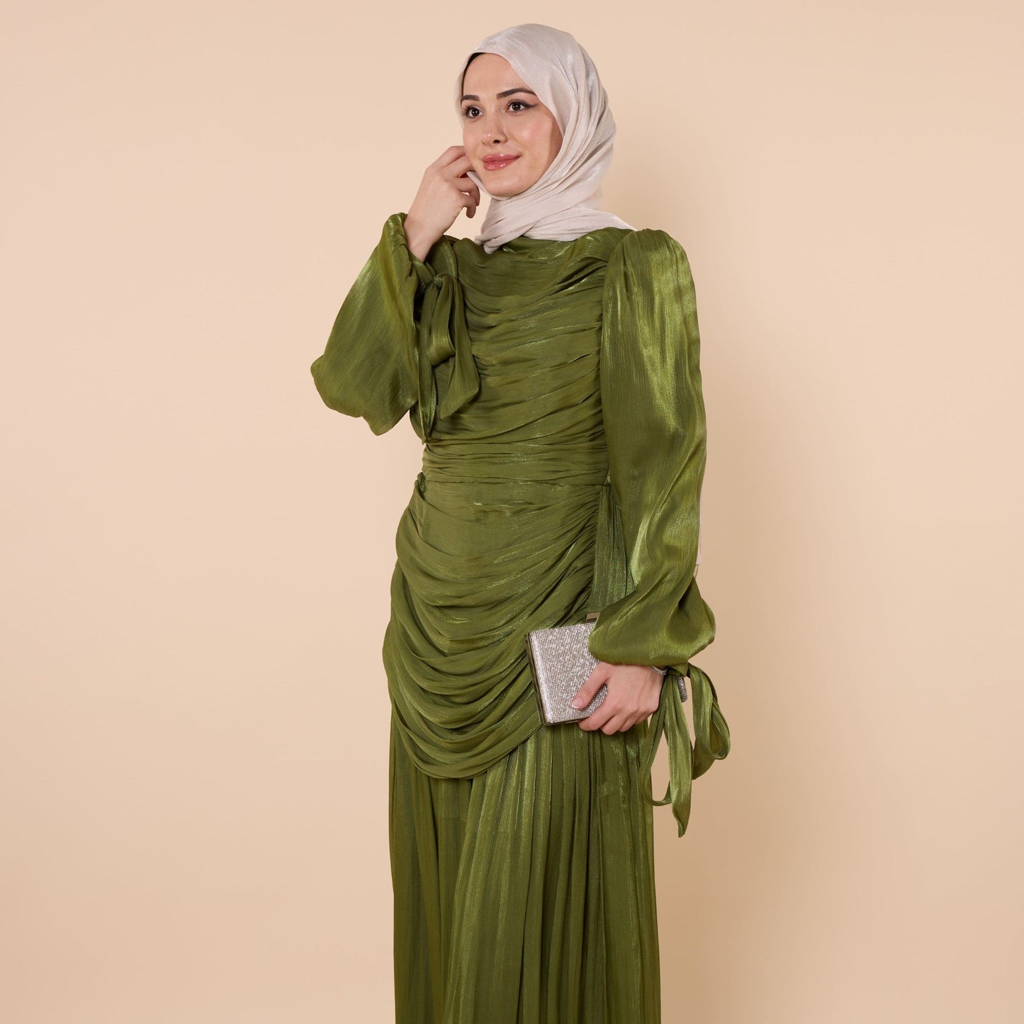High Neck Pleated Chiffon Long Dress