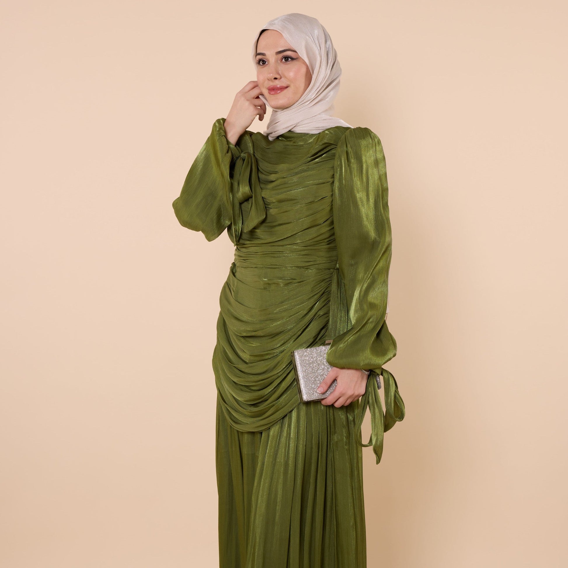 High Neck Pleated Chiffon Long Dress