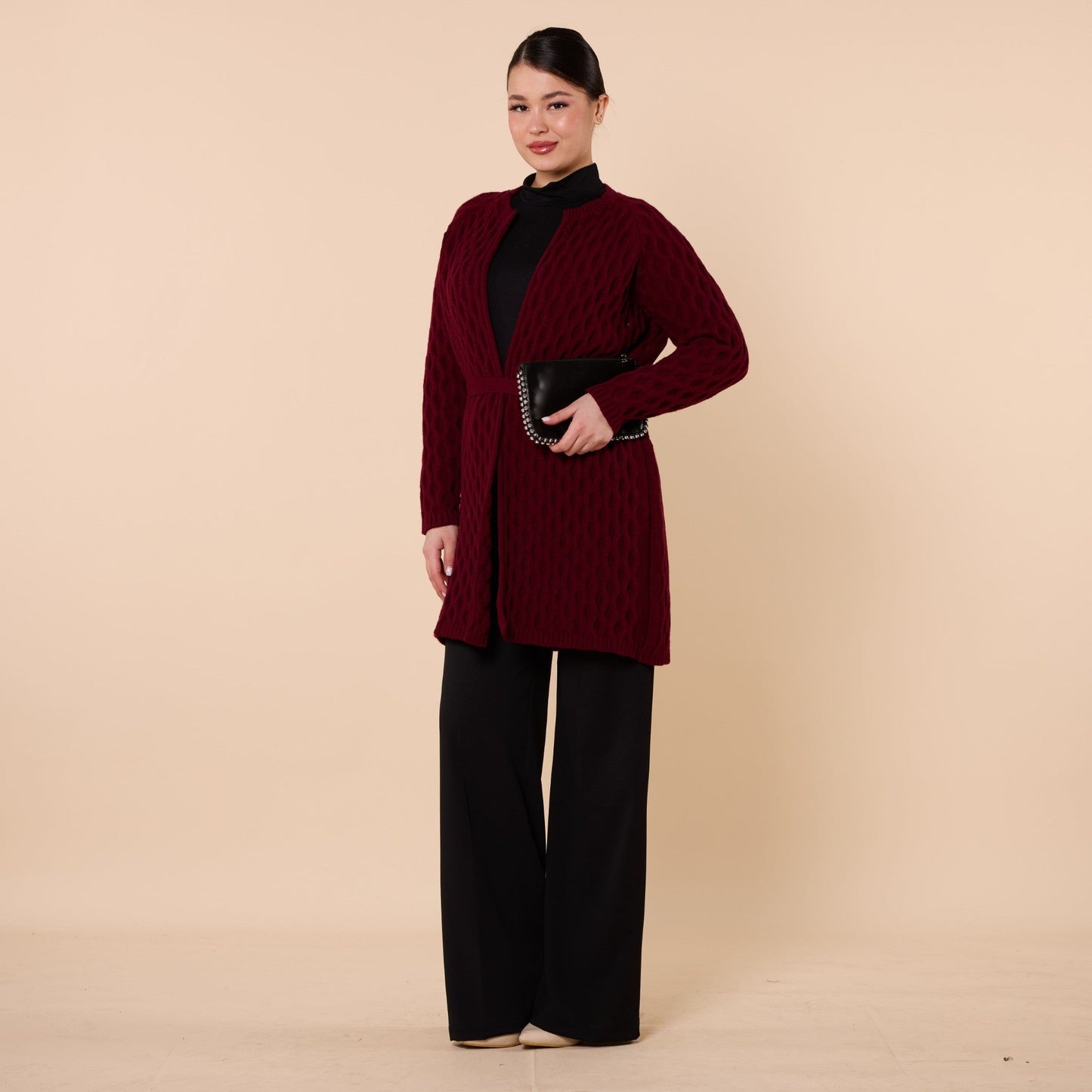 Textured Pattern Shawl Collar Cardigan With Waist Tie