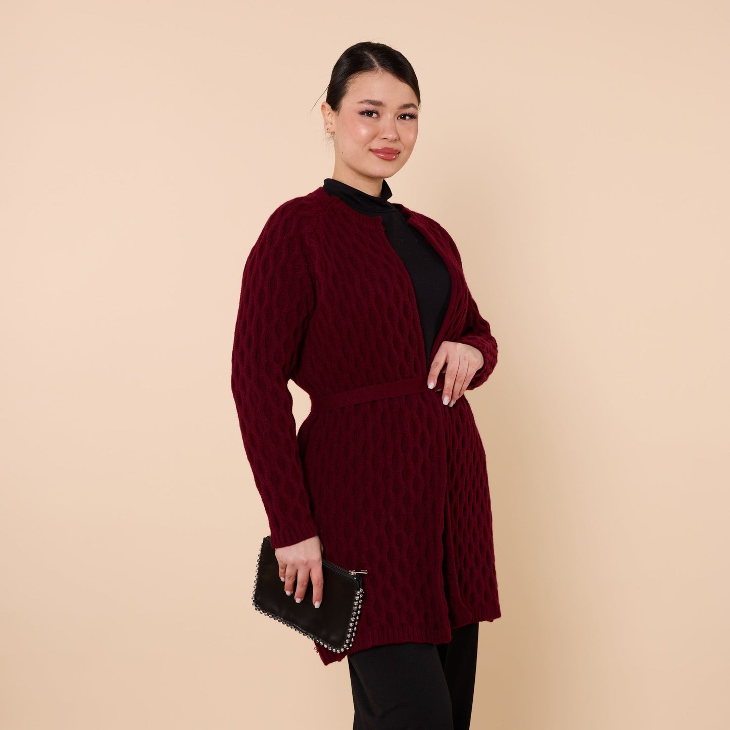 Textured Pattern Shawl Collar Cardigan With Waist Tie
