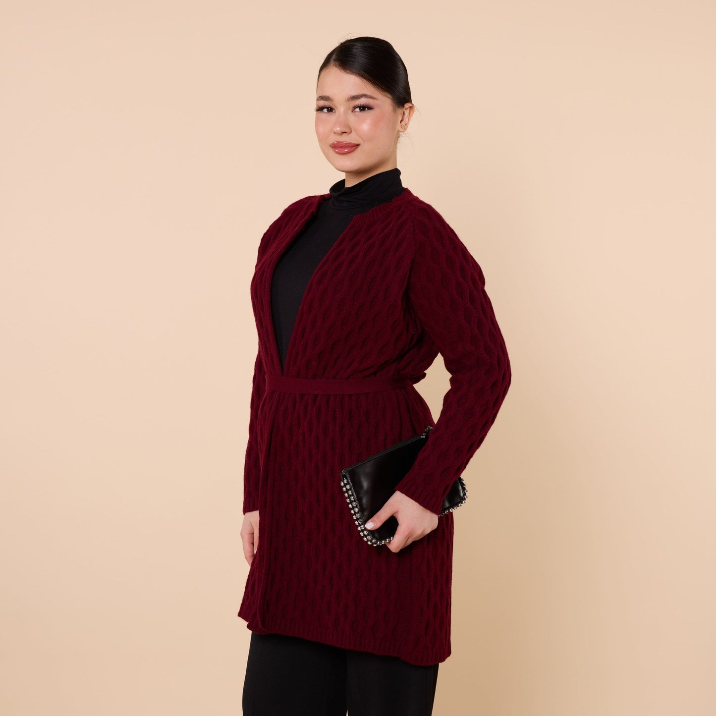 Textured Pattern Shawl Collar Cardigan With Waist Tie