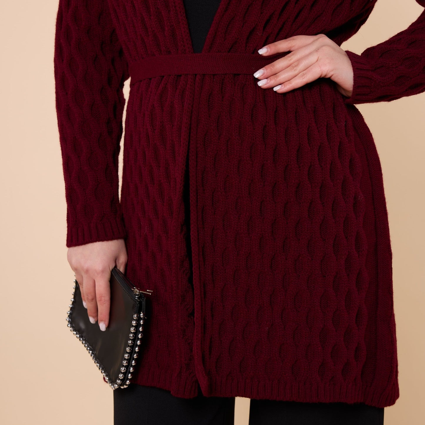 Textured Pattern Shawl Collar Cardigan With Waist Tie