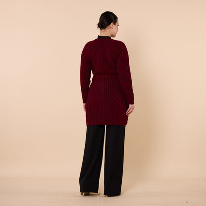 Textured Pattern Shawl Collar Cardigan With Waist Tie