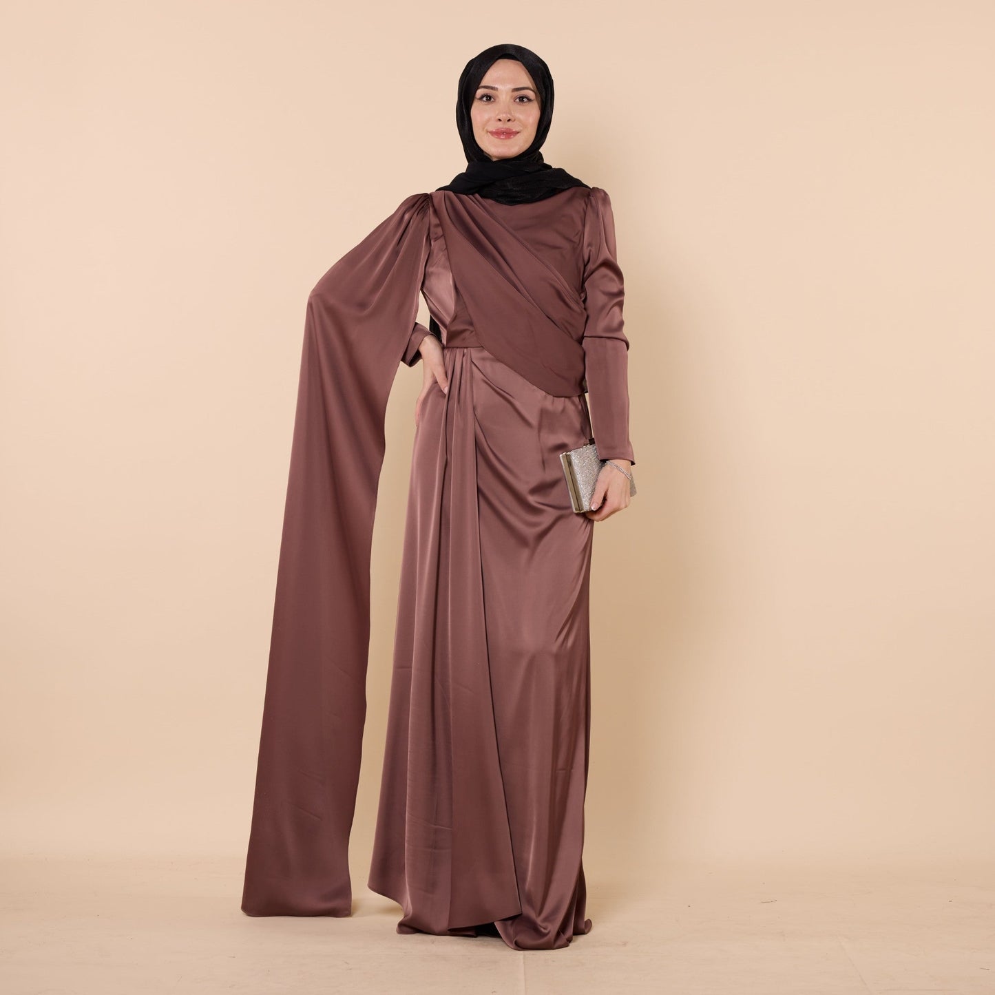 Evening Dress With Cape Sleeves And Cross Waist Detail