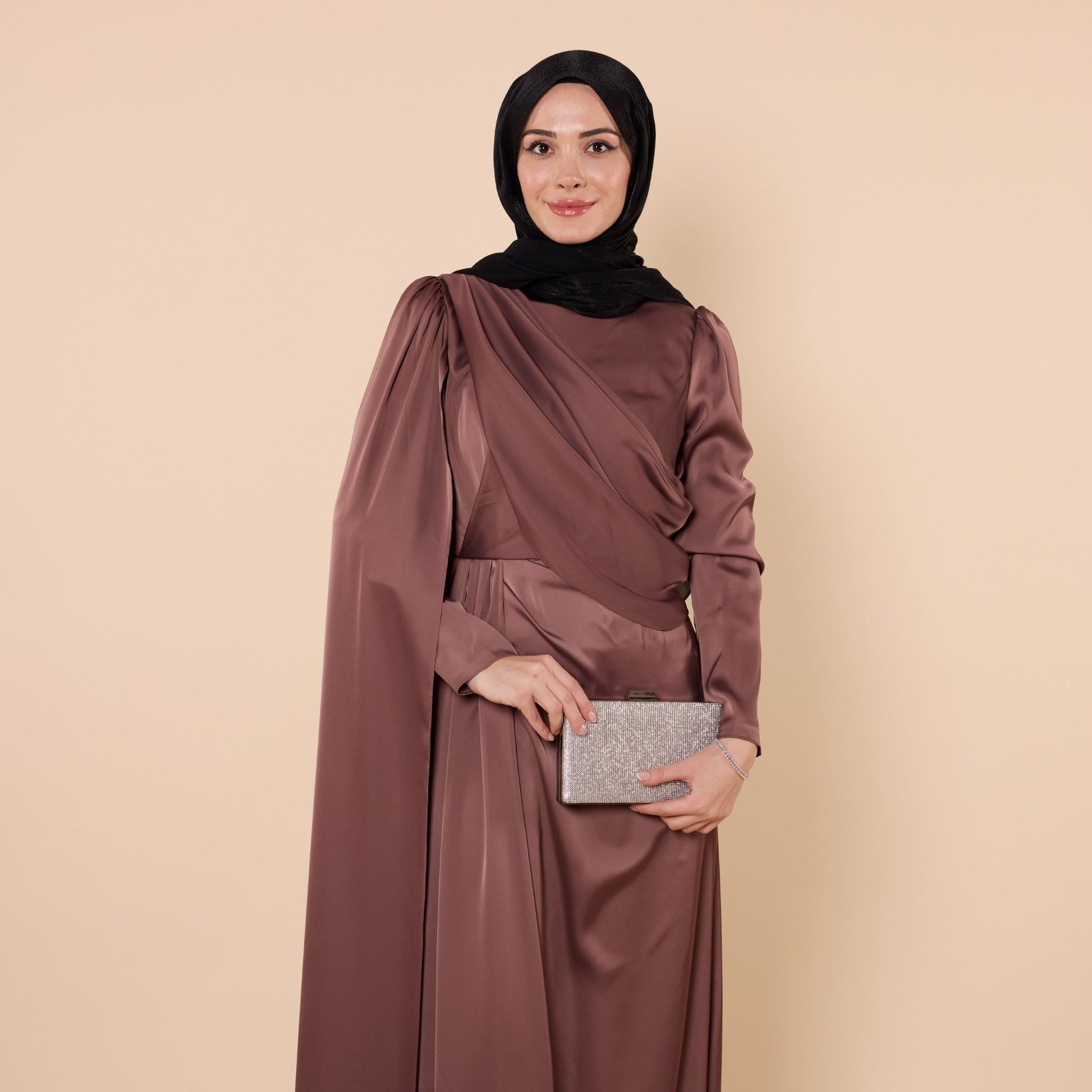 Evening Dress With Cape Sleeves And Cross Waist Detail