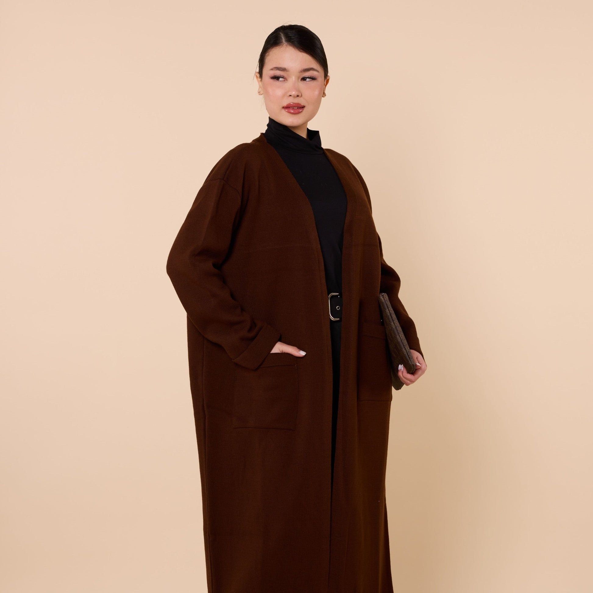 Plain Long Cardigan With Shawl Collar And Pockets
