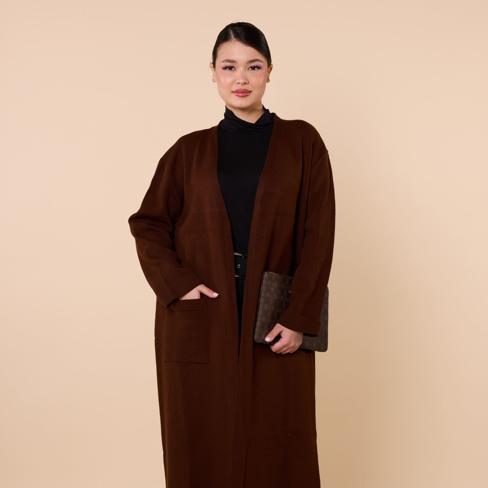 Plain Long Cardigan With Shawl Collar And Pockets