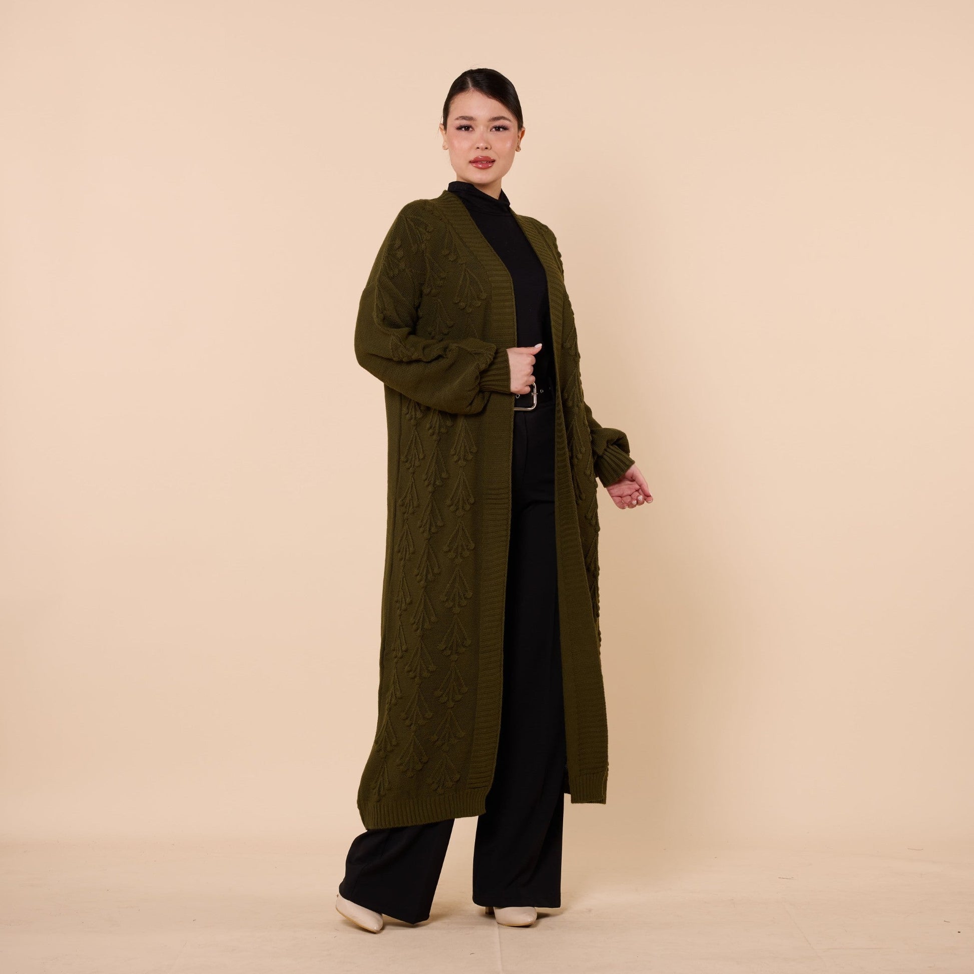 Long Cardigan With Floral Pattern And Shawl Neck