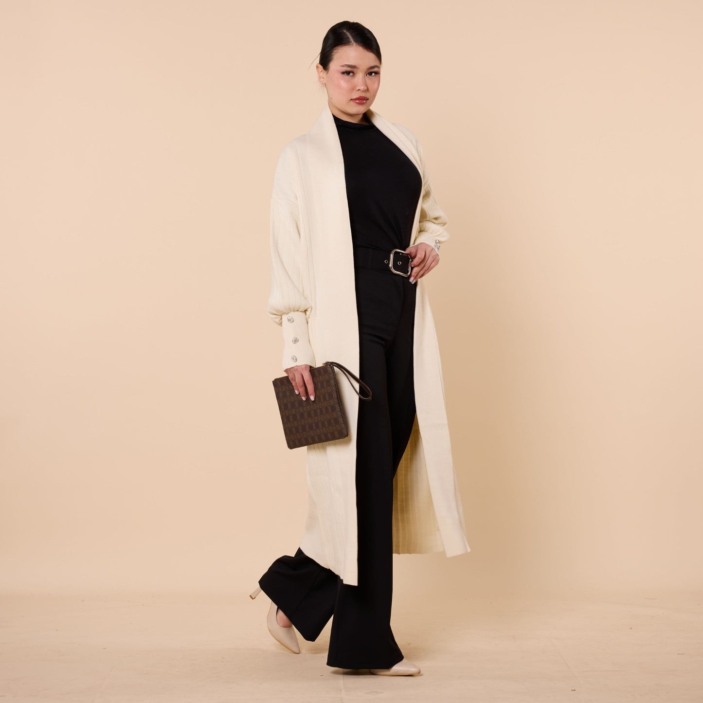 Striped Design Long Cardigan With Shawl Collar And Pockets