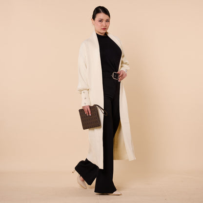 Striped Design Long Cardigan With Shawl Collar And Pockets