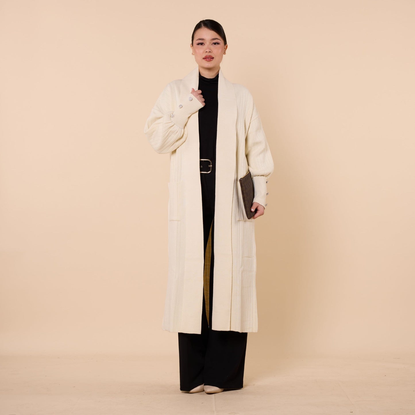Striped Design Long Cardigan With Shawl Collar And Pockets