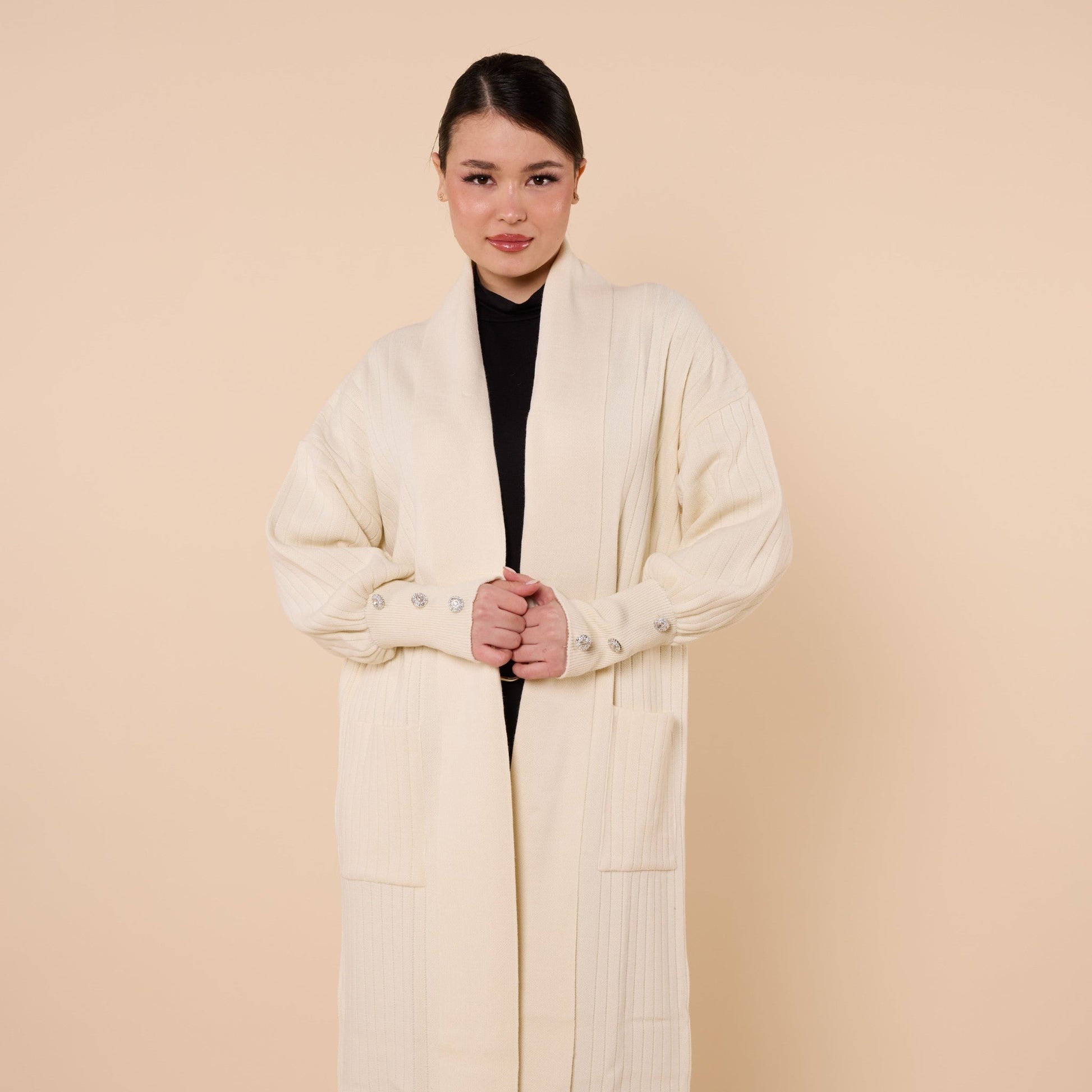 Striped Design Long Cardigan With Shawl Collar And Pockets