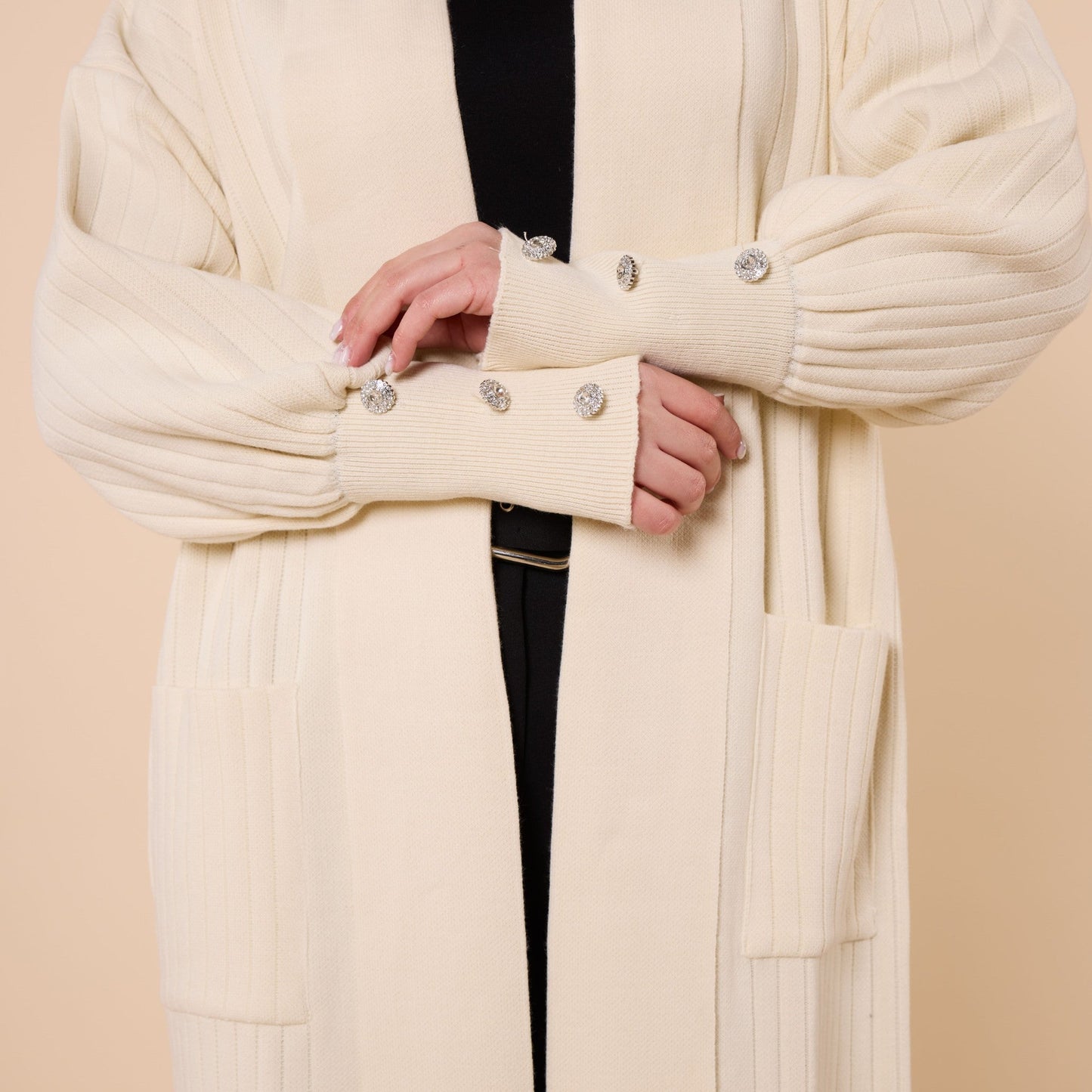 Striped Design Long Cardigan With Shawl Collar And Pockets