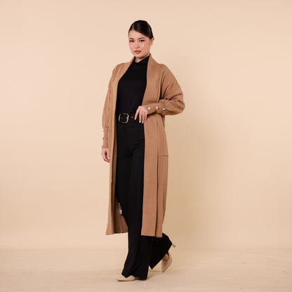 Striped Design Long Cardigan With Shawl Collar And Pockets