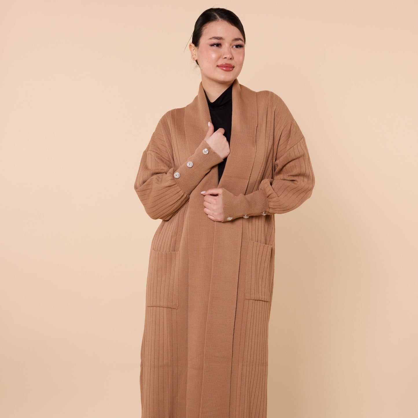 Striped Design Long Cardigan With Shawl Collar And Pockets