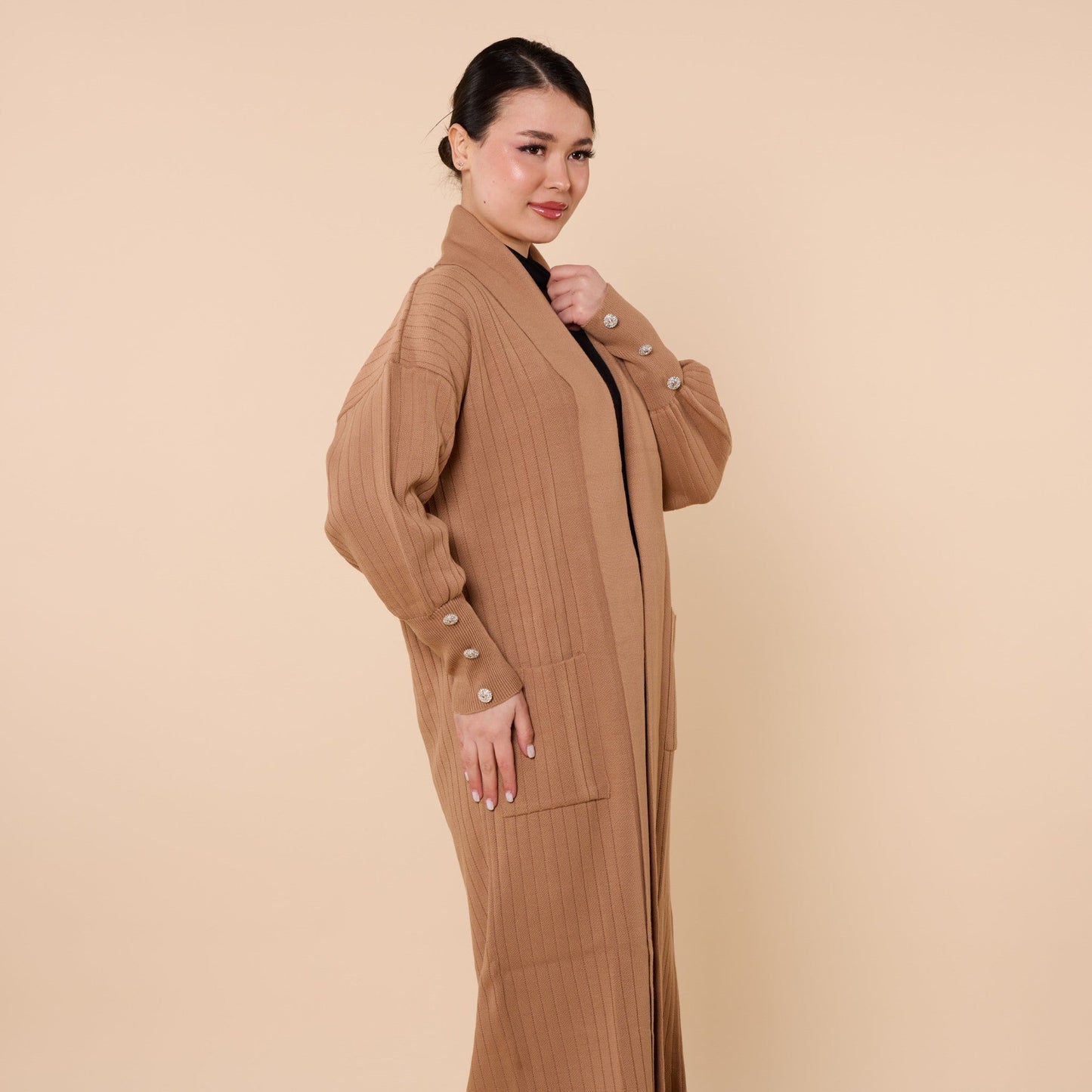 Striped Design Long Cardigan With Shawl Collar And Pockets