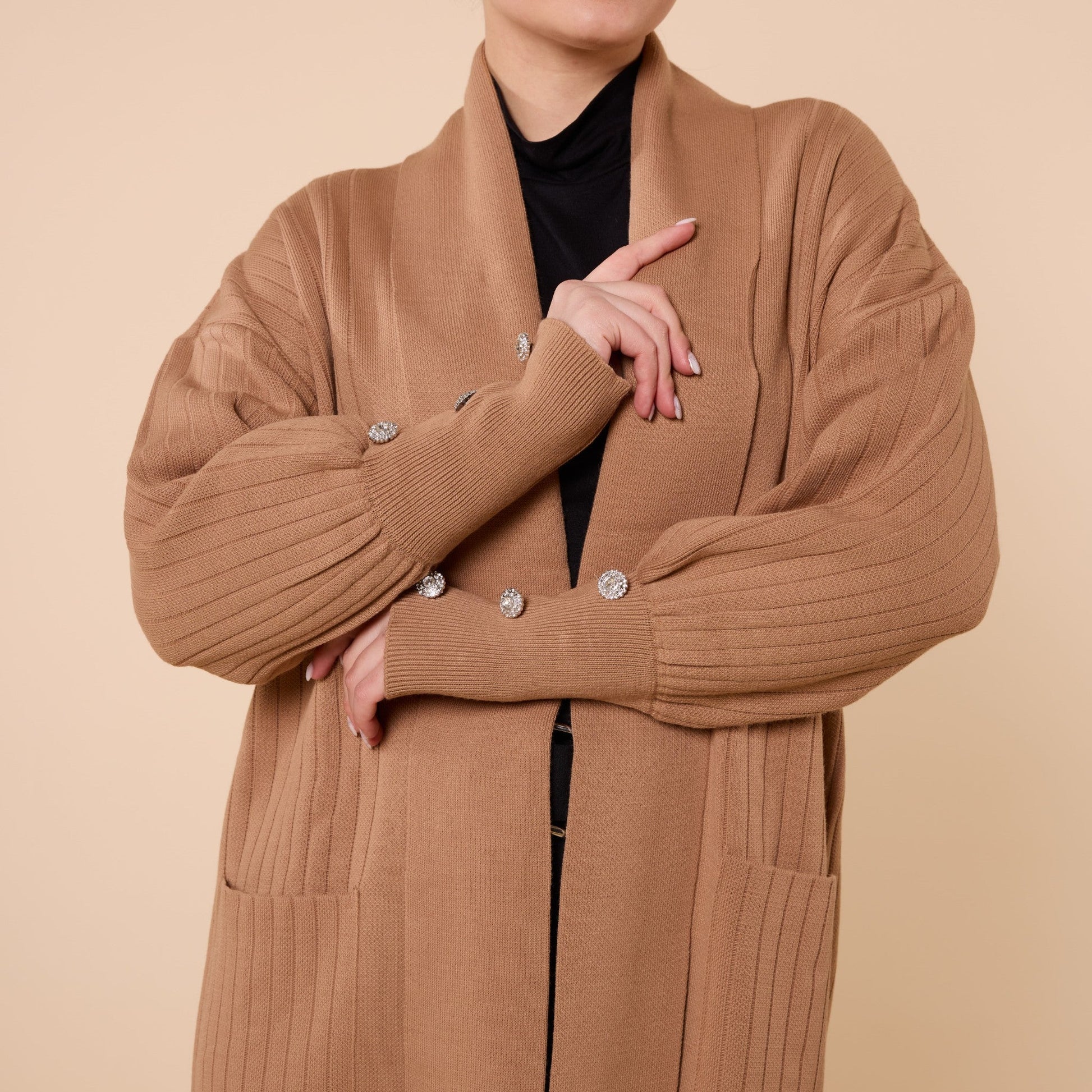 Striped Design Long Cardigan With Shawl Collar And Pockets