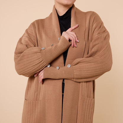 Striped Design Long Cardigan With Shawl Collar And Pockets