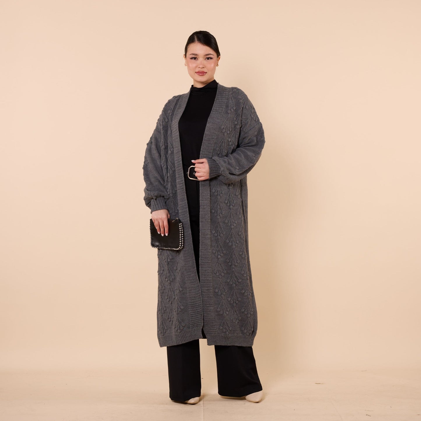 Long Cardigan With Floral Pattern And Shawl Neck