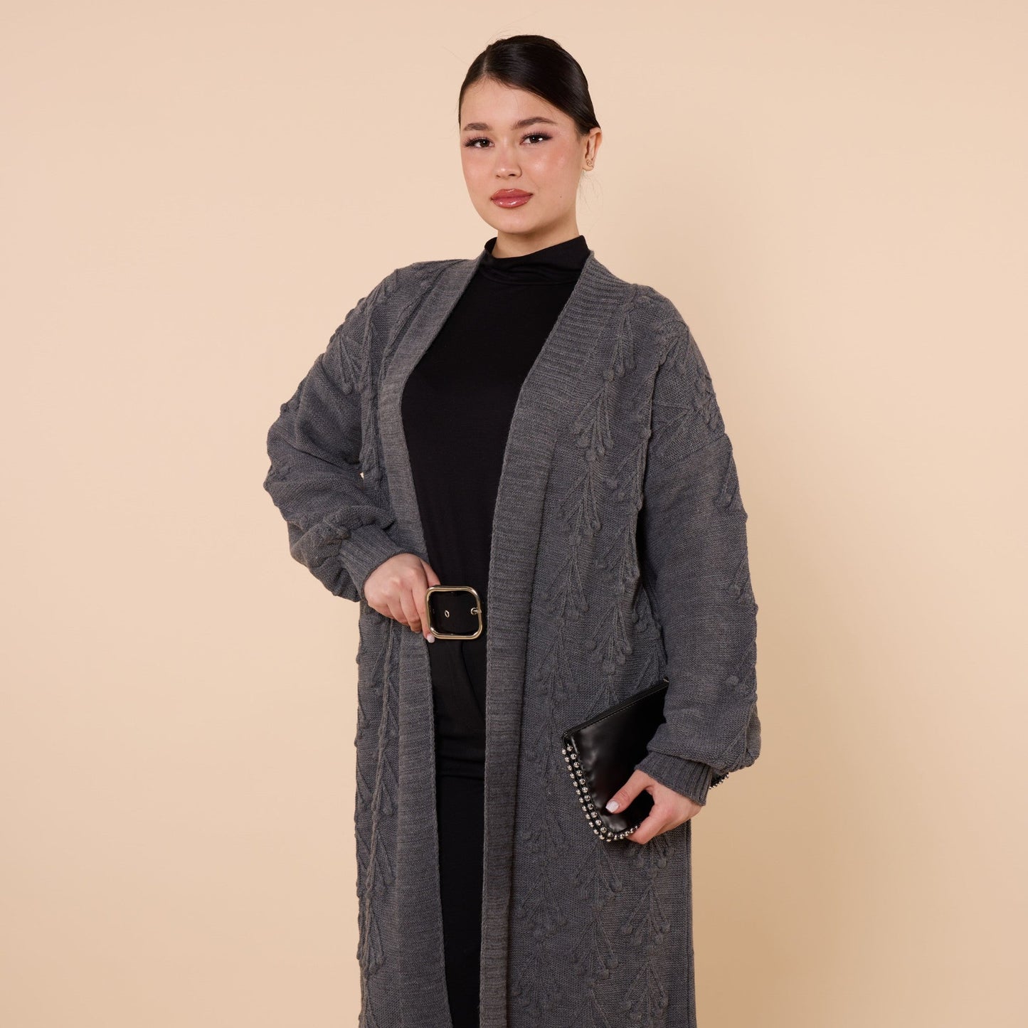 Long Cardigan With Floral Pattern And Shawl Neck