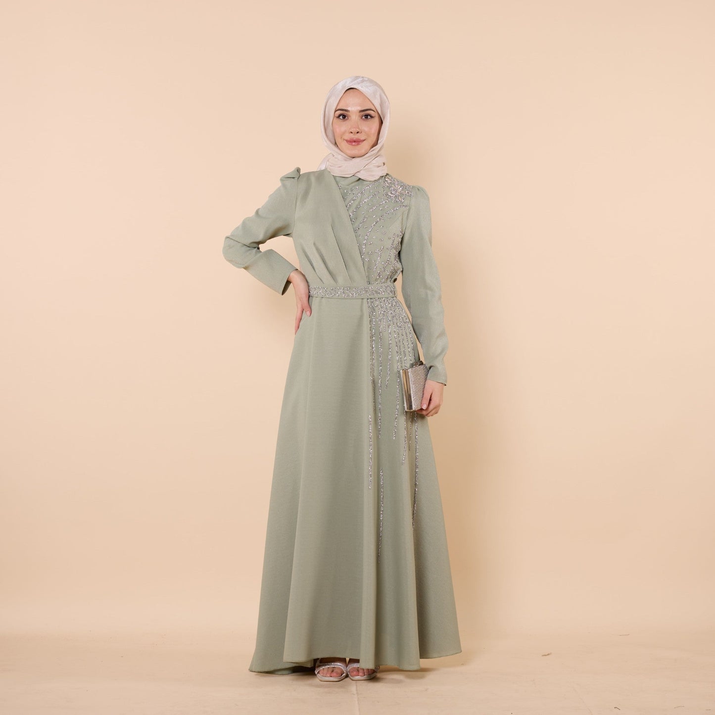 Wrap Look Shimmer Fabric Evening Dress With Stone Detail