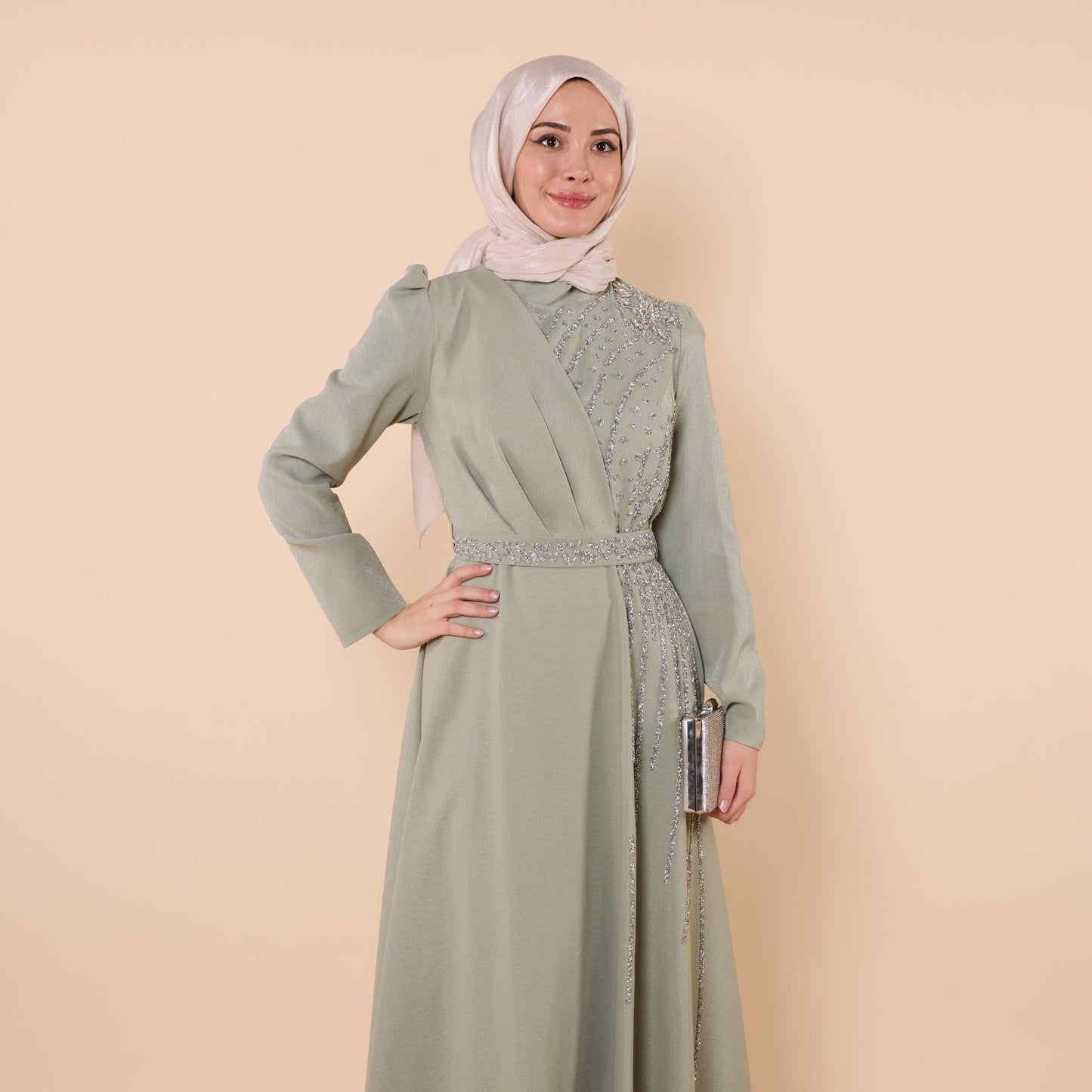 Wrap Look Shimmer Fabric Evening Dress With Stone Detail