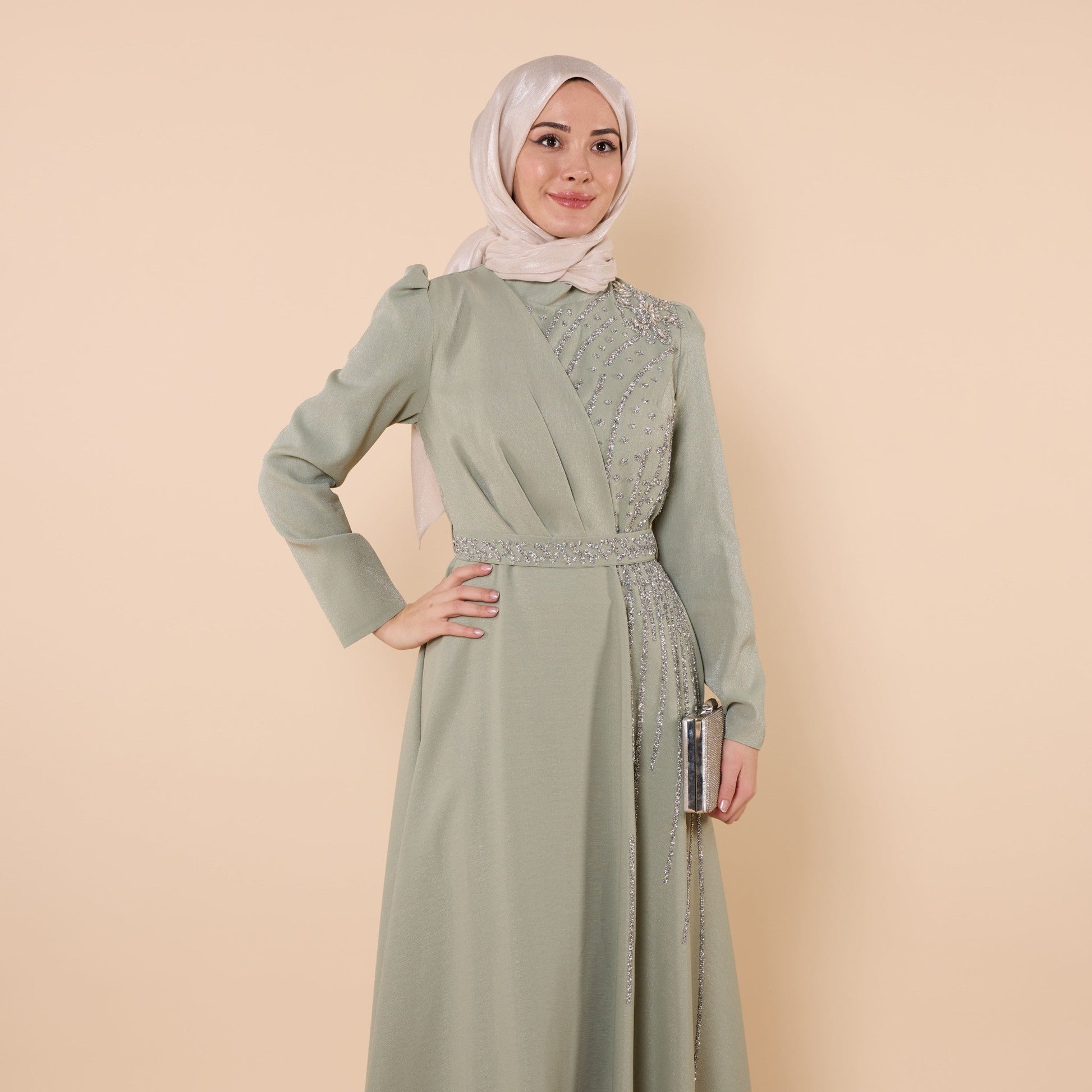 Wrap Look Shimmer Fabric Evening Dress With Stone Detail