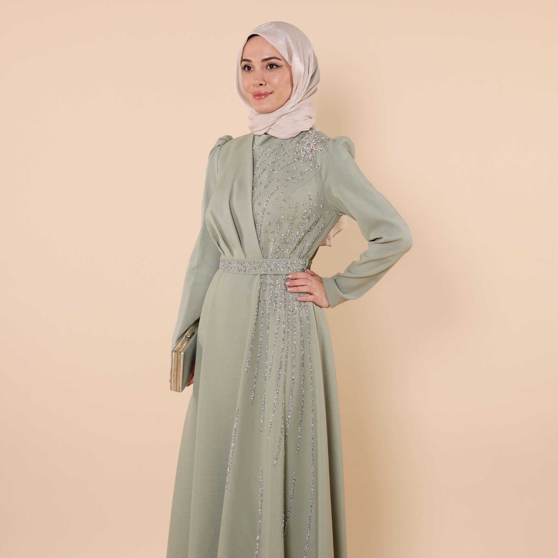 Wrap Look Shimmer Fabric Evening Dress With Stone Detail