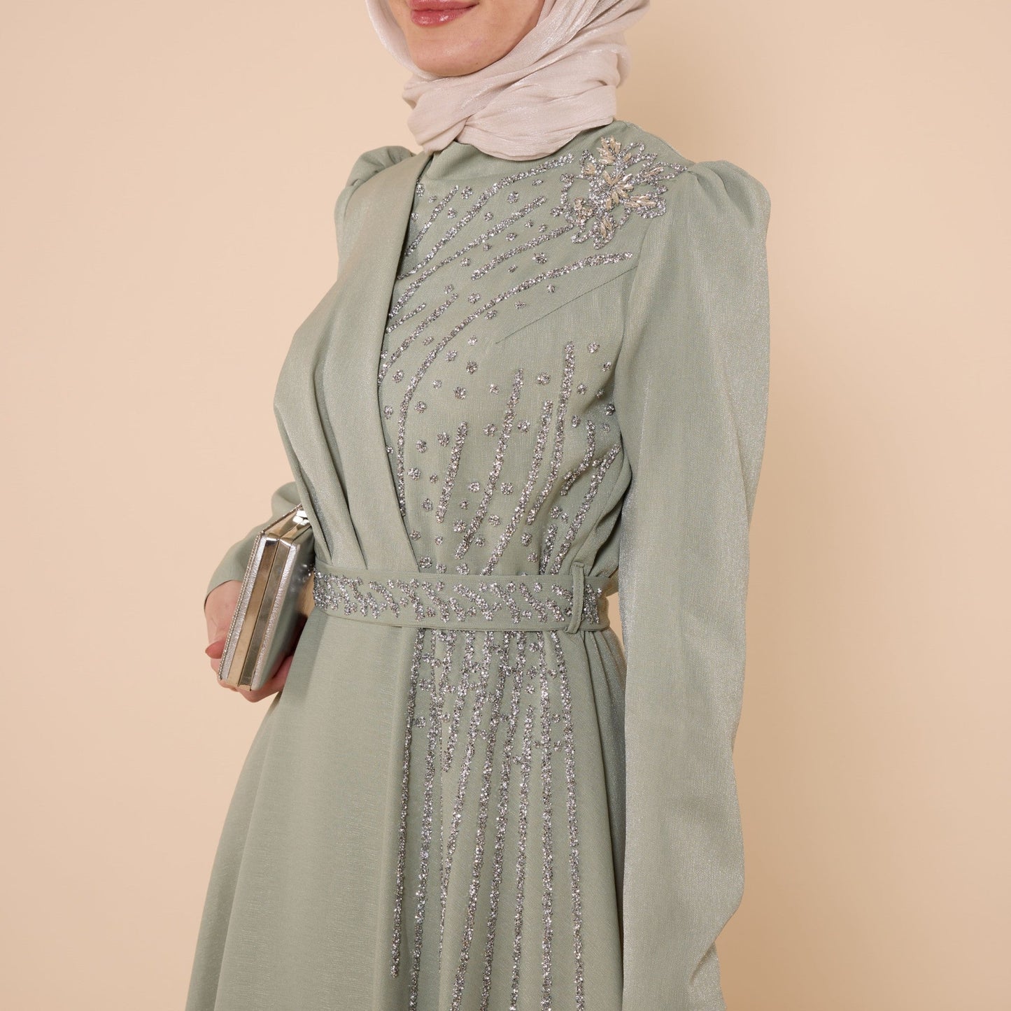 Wrap Look Shimmer Fabric Evening Dress With Stone Detail