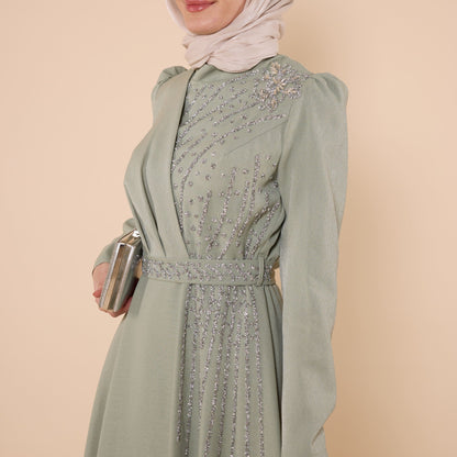 Wrap Look Shimmer Fabric Evening Dress With Stone Detail