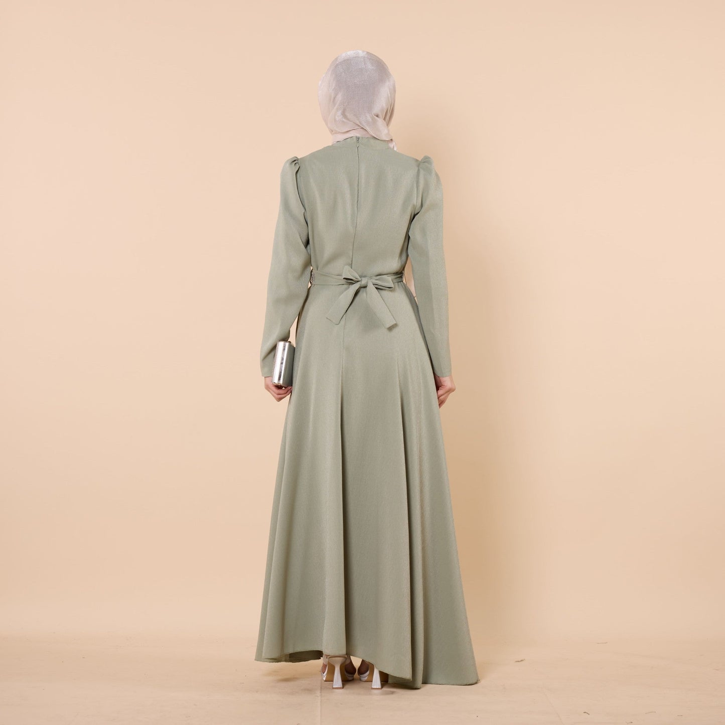 Wrap Look Shimmer Fabric Evening Dress With Stone Detail