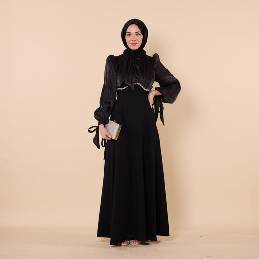 Embellished Evening Dress With Chiffon Sleeves And Pleated Detail