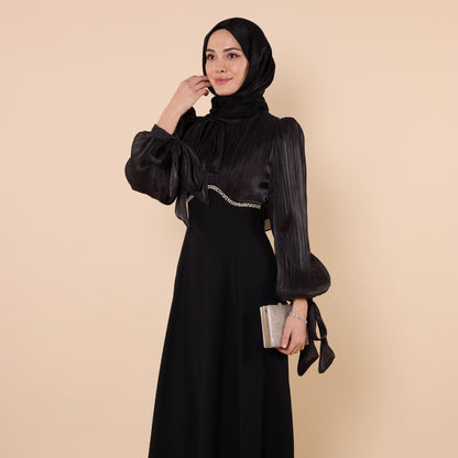 Embellished Evening Dress With Chiffon Sleeves And Pleated Detail