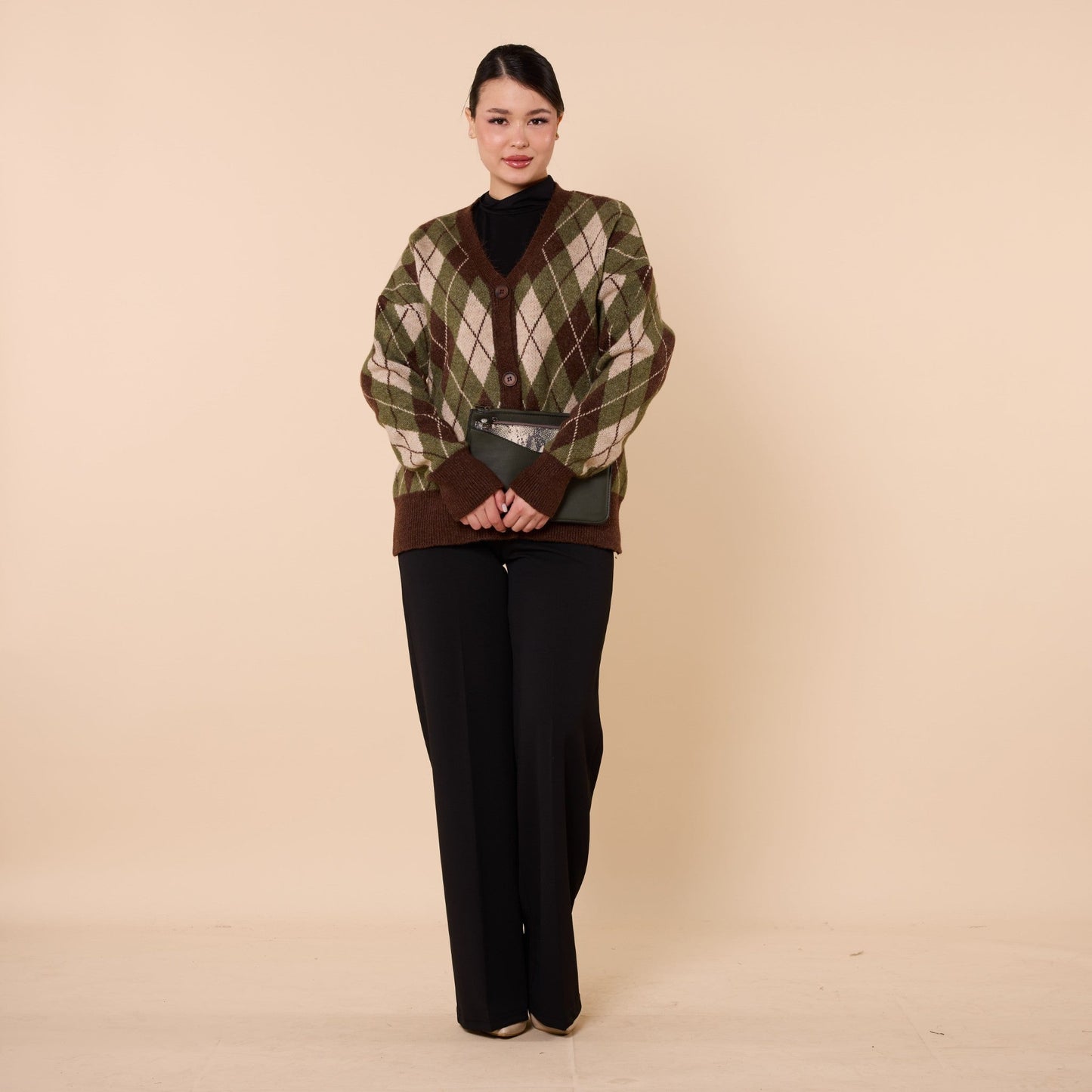 Plaid Pattern V Neck Knit Cardigan