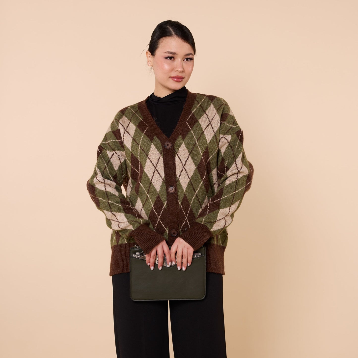 Plaid Pattern V Neck Knit Cardigan