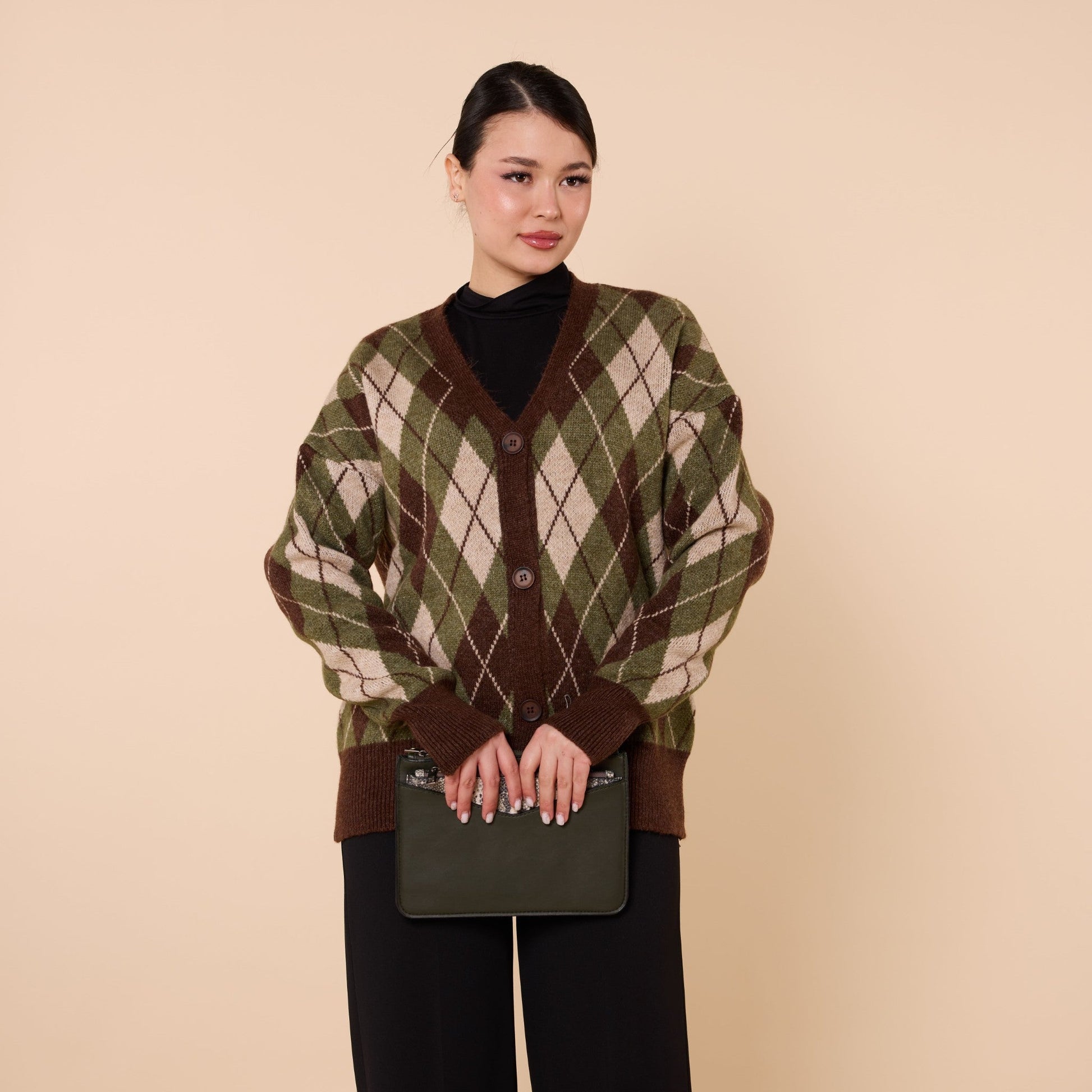 Plaid Pattern V Neck Knit Cardigan