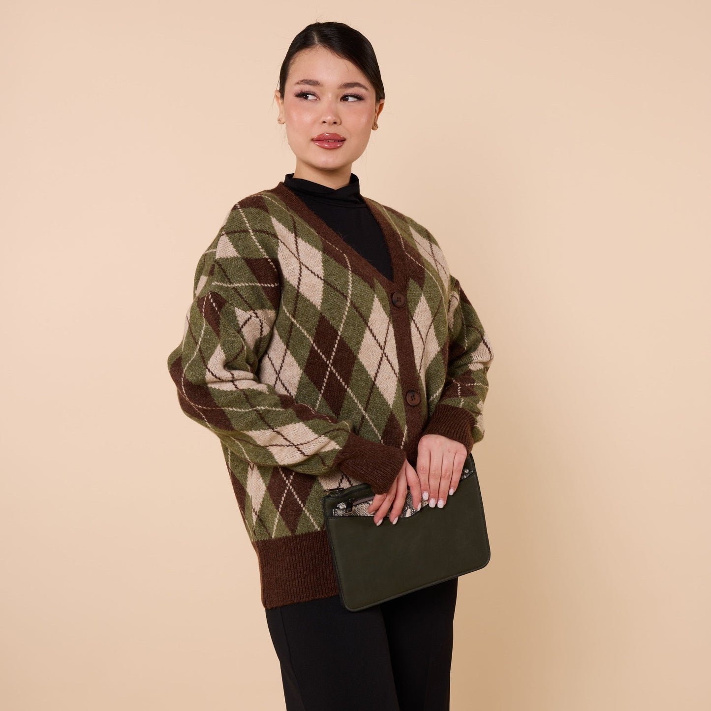 Plaid Pattern V Neck Knit Cardigan