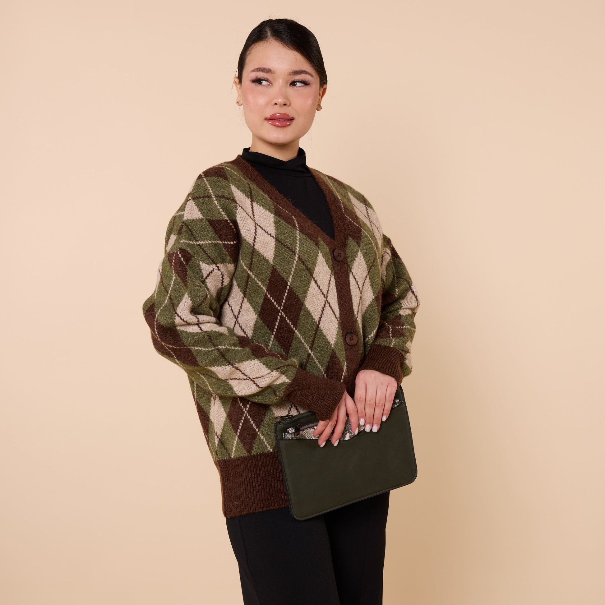 Plaid Pattern V Neck Knit Cardigan