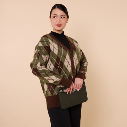 Plaid Pattern V Neck Knit Cardigan