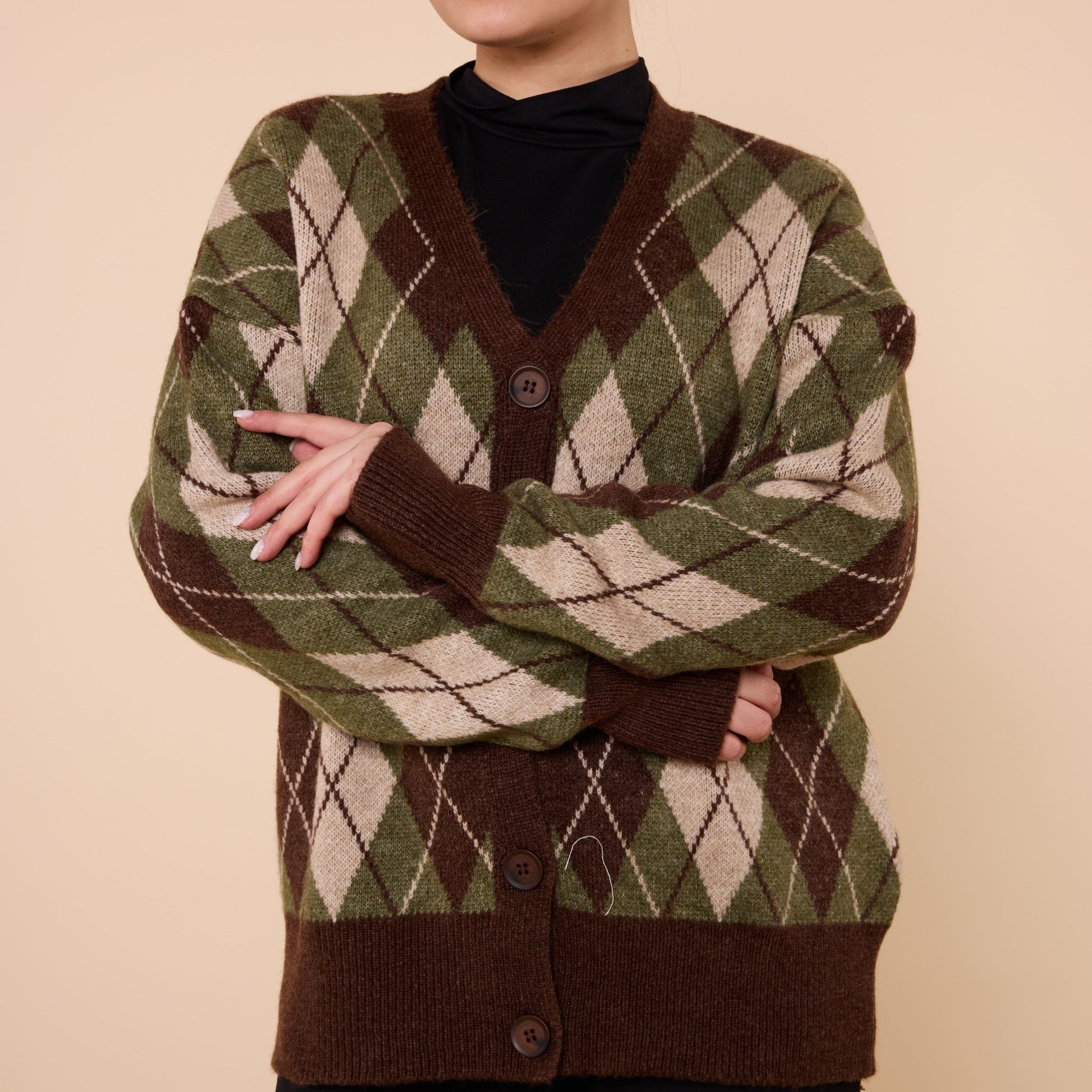 Plaid Pattern V Neck Knit Cardigan