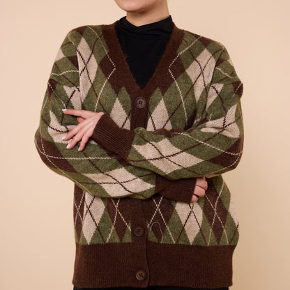 Plaid Pattern V Neck Knit Cardigan