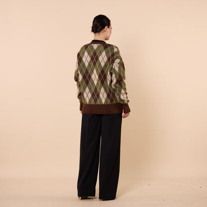 Plaid Pattern V Neck Knit Cardigan