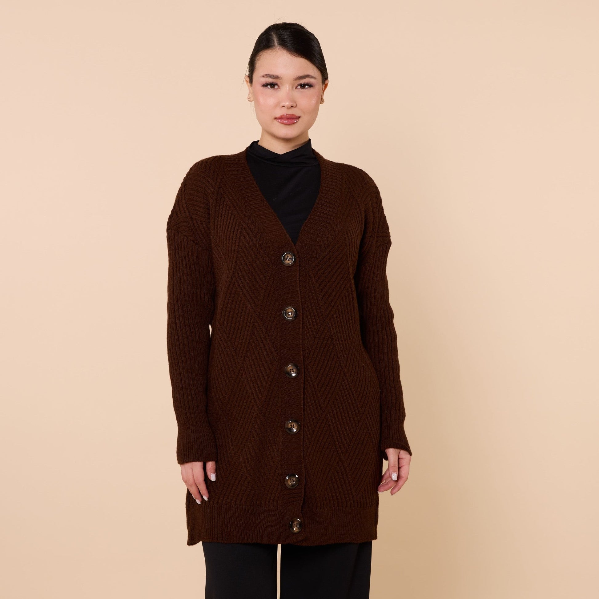Diamond Pattern Buttoned Cardigan With Stripe Detail