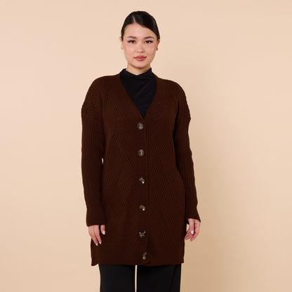 Diamond Pattern Buttoned Cardigan With Stripe Detail