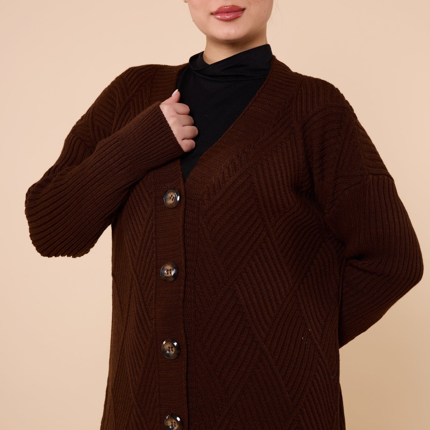 Diamond Pattern Buttoned Cardigan With Stripe Detail